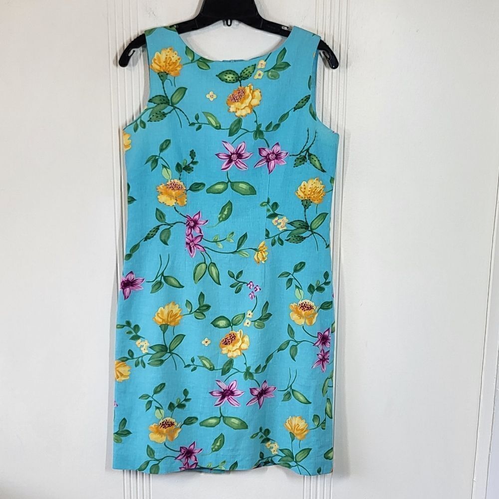 Coldwater Creek Linen Blend Blue Flowered Sleeveless Dress / Embroidered Beading